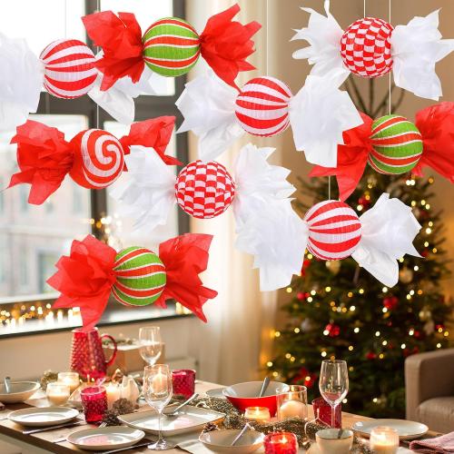 Baquler 12 Pcs 8 Inch Christmas Hanging Paper Lanterns Candy Party Decorations Paper Christmas Decor Candy Canes Peppermint DIY Decorations for Indoor Holiday Xmas Classroom Office Decor