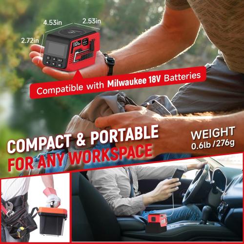 300W Adjustable DC 2–30V Voltage Regulator Compatible with Milwaukee 18V Battery XT60 Output, 140W Type-C, 18W USB-A, 15W Wireless Charger, LCD Display (Battery Not Included)
