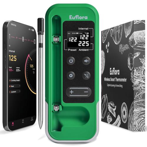 euflora Wireless Smart Meat Thermometer with Bluetooth & Wifi App, 800Ft Leave-in Temperature Probe for Rib, Steak, Oven, Grill, Cooking, Food and Smoker (Green)