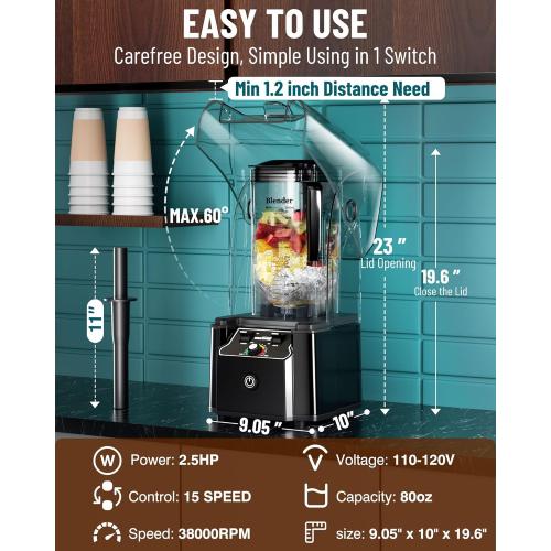 WantJoin Professional Commercial Blender With Shield Quiet Sound Enclosure 2200W Industries Strong and Quiet Professional-Grade Power, Self-Cleaning, Black