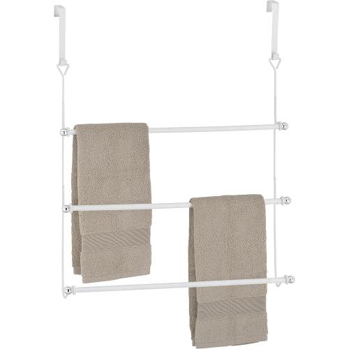 MyGift 3 Tier White Metal Over The Door Bathroom Towel Rack, Small Space Extra Storage Towel Bar Hanger