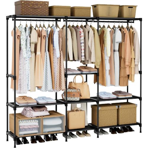 Clothes Rack, Portable Closet, 71.7 Inch Large Capacity Wardrobe Closet, Clothes Storage Organizer with Shelves and 3 Hanging Rods, Easy to Assembly, Black PCT035B01