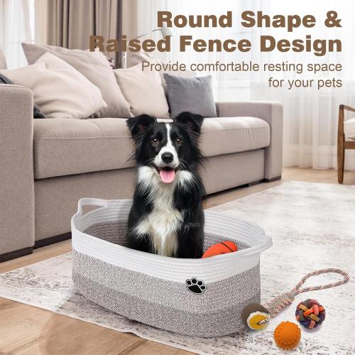 White and Brown Dog Toy Basket, Toy Box and Bin for Dog Cat Storage, 19.7 X 11 X 7.9 (30L) Large Woven Rope Basket for Blanket Storage, Living Room, Bedroom