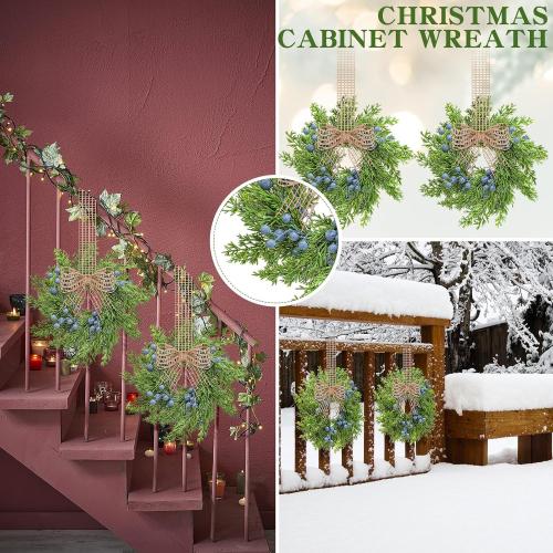 6 Pcs Artificial Blue Berry Mini Wreaths Small Vintage Kitchen Cabinet Wreath with Retro Burlap Ribbon for Farmhouse Rustic Front Door Window Wedding Bridal Shower Party Chair Wall Decor