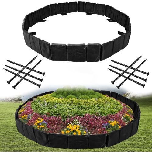 Garden Edging Border with Anchoring Spikes,Plastic Landscape Edging Border Imitation Stone Fence for DIY Outdoor Yard Landscaping (40pcs/32 FT, Black)