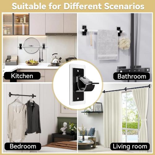 8PCS No Drill Curtain Rod Bracket, Self Adhesive Curtain Rod Holders, No Hole, Multipurpose Curtain Rod Hooks for Bathroom Living Room Kitchen and Bedroom (Black)