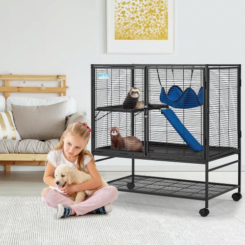 HABUTWAY 40''H Large Metal Rolling Ferrets Cage, 2-Tiers Small Animal Cages, Cage for Rats/Chinchillas, 0.5'' Bar Spacing for Ferret,Small Animal Cage w/Removable Ramp & Platform