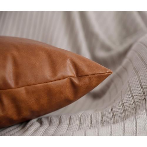 Faux Leather Throw Pillow Covers 22x22 inch, Set of 2 Thick Cognac Brown Modern Solid Decorative Square Minimalist Cushion Cases for Couch Bed Sofa