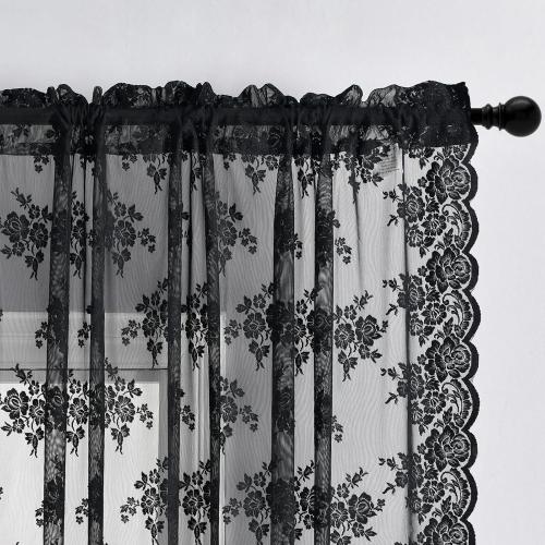 Kotile Black Lace Curtains 54 Inch Length 2 Panels, Country Rustic Floral Pattern Gothic Sheer Curtains for Bedroom, Rod Pocket Vintage Privacy Sheer Lace Curtain, 42 x 54 Inch, 1 Pair, Black
