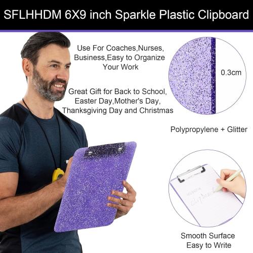 1 PCS A5 Size Clipboards,Size 6 x 9in ClipBoard,Glitter Clipboard with Low Profile Clip,Sparkle Plastic Clipboard,Cute Hanging Clip Board for Office Supplies Clipboards for Kids Clip Boards-Purple