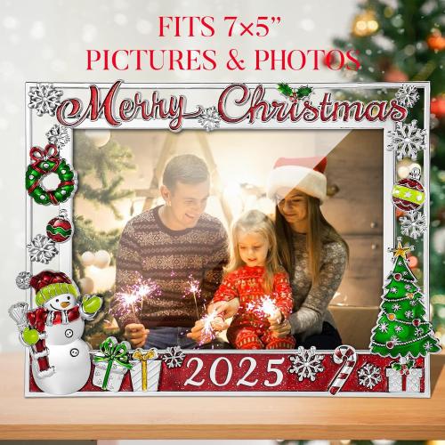 2025 Christmas Decorations Picture Frame 5x7 Snowflake Christmas Metal Photo Display Photo Frames with High Definition Glass Front Gift Ideas Tabletop Home Decorative (Snowman 2025)