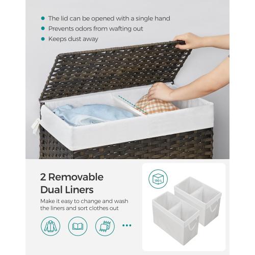 SONGMICS Laundry Hamper with Lid, 130L Clothes Hamper with 2 Removable Liner Bags and 6 Mesh Bags, Wicker Laundry Basket, Double Laundry Hamper for Bathroom, 13 x 26 x 23.6 Inches, Brown ULCB253K01