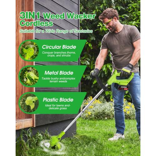 Electric Weed Wacker Cordless, 21V Weed Cordless Eater Battery Powered, with 2Pcs 4.0Ah Batteries, Stringless Brush Cutter, Lightweight Foldable Grass Trimmer, 3 Types Blades, Green