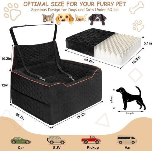 Dog Booster Seat for Larger & Medium Dogs – Comfortable Dog Car Bed with Washable Cover and Storage Pockets for Pets Up to 60lbs (Black)