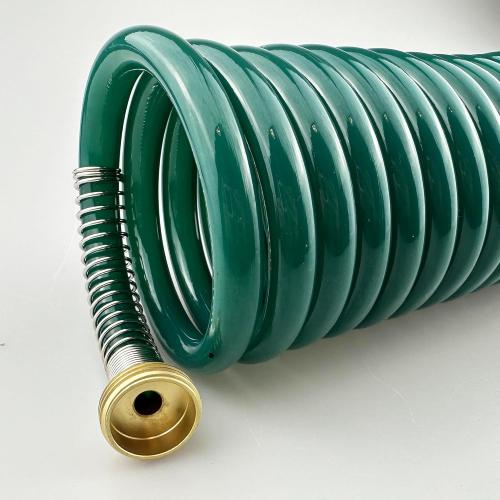 Garden Hose, Green PU Curly Water Hose with Brass Connectors,Watering Hose Coil,Retractable,Corrosion Resistant Garden Coil Hose (Dark Green, 25 FT)