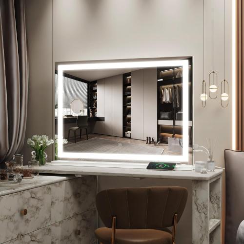 ROLOVE Vanity Mirror with Lights, 32 x 22 Large Lighted Vanity Mirror with Dimmable 3 Modes, LED Makeup Mirror, USB Charging Port, Tabletop or Wall-Mounted Square White