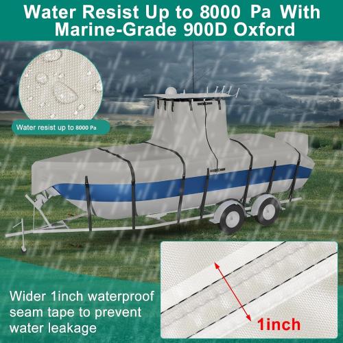 Heavy Duty Ture 900D T-Top Boat Cover 22ft - 24ft with Motor Cover, 100% Waterproof Solution-Dyed Center Console Boat with T Top Roof 22-24 Foot with Upgraded 19 Windproof Straps
