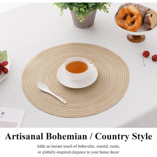 SHACOS Round Braided Placemats Set of 4 Washable Place Mats for Dining Tables 15 inch Non Slip Kitchen Table Mats (Beige, 4)