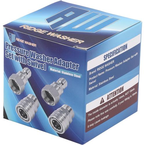 RIDGE WASHER Pressure Washer Swivel Adapter, Stainless Steel M22 14mm to 3/8 Quick Connect, Stainless Quick Disconnect for Pressure Washer Hose, 5000 PSI, 4 Pack