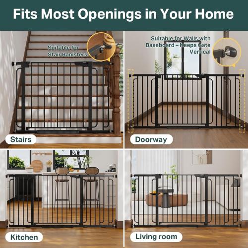 Cumbor 36.6-64 Extra Wide Baby Gate for Stairs, Dog Gates for Doorways, Auto-Close Pet Gate Indoor, Pressure Mounted Walk Through Safety Child Gate for Kids Toddler, Tall Pet Puppy Fence Gate, Black