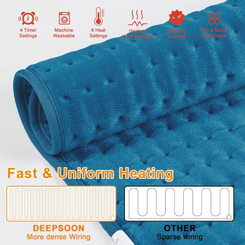 Deepsoon Heating Pad,Electric Heating Pads for Back,Neck,Abdomen,Moist Heating Pad for Shoulder,Knee,Arms,Legs,Dry/Moist Heat & Auto Shut Off,Christmas Gifts for Men and Women,Blue,24x12 Inch
