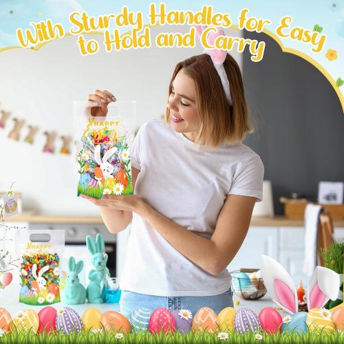 Fuutreo 25 Pcs Happy Easter Gift Bags Self Sealed Bunny Pouches Spring Favor Pouches with Handles Spring Plastic Bags for Egg Hunt Holiday Party Candy Gift Wrap Supplies Decoration(Easter)