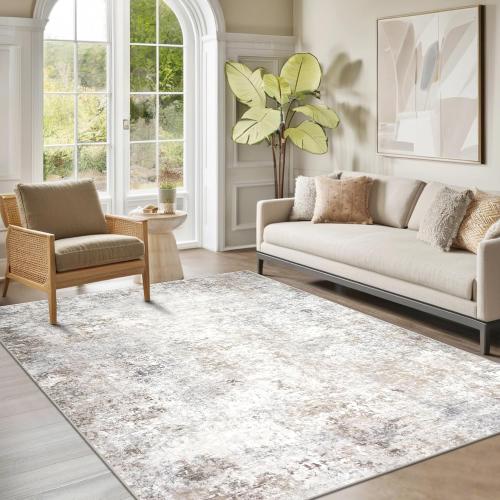 Beige Grey Washable Rugs 5x7 Area Rugs for Living Room,Bedroom,Dining Room | Modern Abstract,Ultra Soft Faux Wool,Kids & Pet Friendly,Non-Slip & Non-Shedding,Large Vintage Low Pile Rug for Home Office