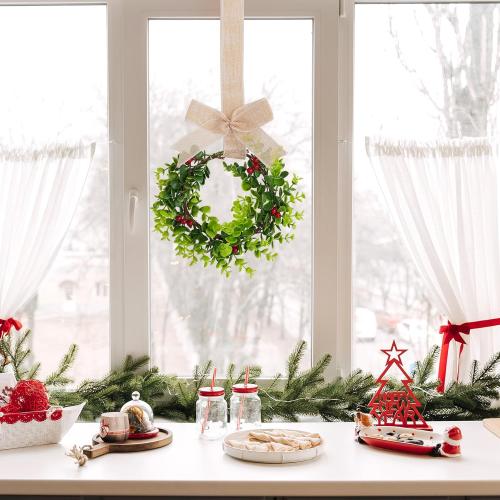 2Pcs Mini Christmas Wreaths for Cabinets Small Green Hanging Wreath Ornament for Winter Holiday Home Outdoor Indoor Window Tree Crafts Decorations