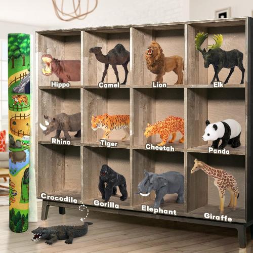FRUSE Safari Animals Figures Toys w/ 57”x38.5”Jumbo Play Mat,12PCS Realistic Jungle Wild Zoo Animals Figurines Playset with Panda,Lion,Elephant,Educational Learning Toys for Toddlers Kids