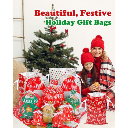 38pcs Christmas Gift Bags with Ribbon Ties, Christmas Bags for Gifts Assorted Sizes Small/Medium/Large Christmas Gift Bags, Holiday Christmas Wrapping Paper Reusable Plastic Santa Bag Wrapping Bags