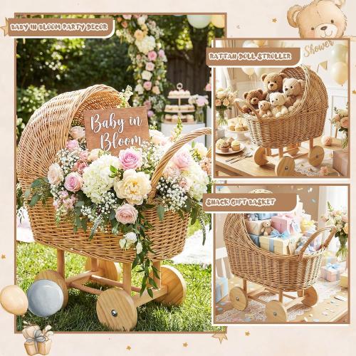 Wicker Baby Carriage for Baby Shower Vintage Wicker Stroller Woven Rattan Flower Basket Rustic Decorative Cart Storage with Handle for Floral Arrangement Wedding Photo Props(Wood Color,20 in)