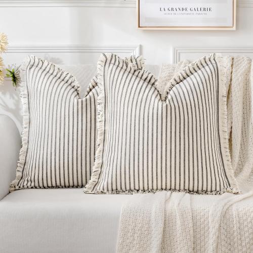 MIULEE Gray Pack of 2 Pillow Covers 18x18 Inch Striped Farmhouse Couch Throw Pillow Covers with Fringe Chic Linen Decorative Cushion Covers for Sofa Living Room Bed Outdoor Home Decor