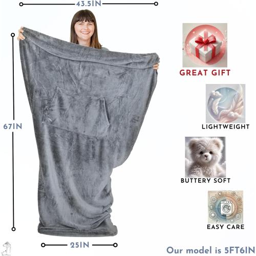 Fleece Lightweight Foot Pocket Blanket -Patent Pending- Gamer Gift for Men Who Have Everything - Gifts for Men Who Wants Nothing and Elderly Dads (Fleece, Silver Grey)