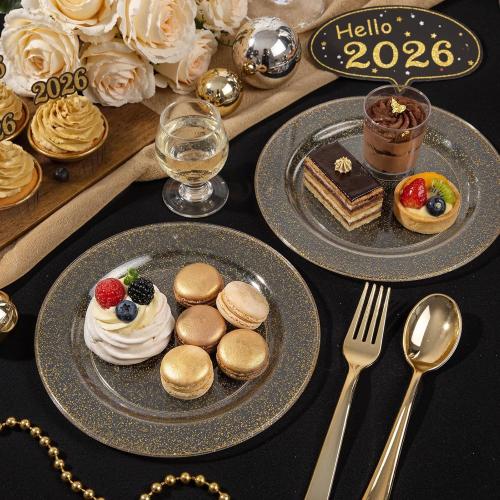 Liacere 100Pieces Gold Plastic Plates-Disposable Gold Glitter Appetizer Plates-7.5inch Premium Plastic Salad/Dessert Plates for Wedding & Parties & Thanksgiving