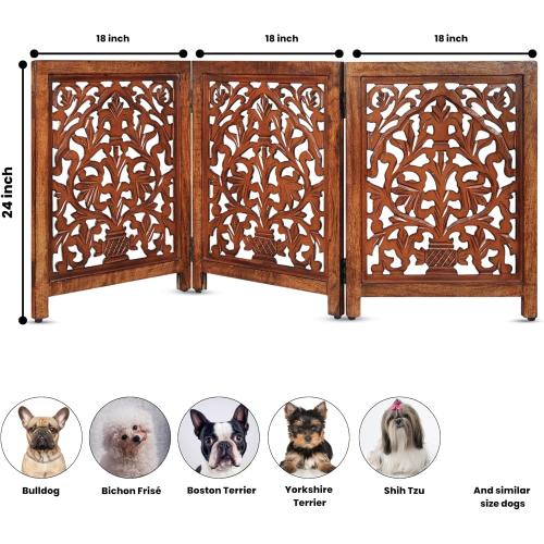 Decorative Wooden Pet Gate, Dog Fence, Cat Gate, Foldable, Adjustable, Portable, Extra-Wide, Wooden Dog Barrier, Free-Standing Puppy Gate 3 Panels for Indoor, Doorways, Stairs-24x54 Inch Antique Burnt