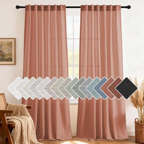 H.VERSAILTEX Natural Linen Curtains 84 inches Long for Living Room 2 Panels Back Tab Loop Pocket Textured Light Filtering Semi Sheer Curtains Rustic Farmhouse Boho Curtain for Bedroom, Terracotta