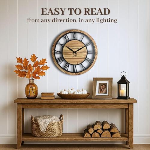 Montoire 24 Inch Wooden Farmhouse Wall Clock, Extra Large for Living Room Decor - Big Rustic Wood Large Round Wall Clock 24 Inches or Larger, Battery Operated with Decorative Roman Numerals