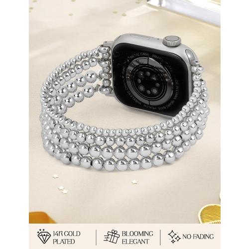 JR.DM Silver Beaded Bracelet Bands Women Compatible with Apple Watch 40mm 42mm(S10/11) 41mm 38mm Dressy Fancy Stretchy Elastic Jewelry Strap Replacement for iWatch Series 11/10/9/8/7/6/5/4/3/2/1/SE