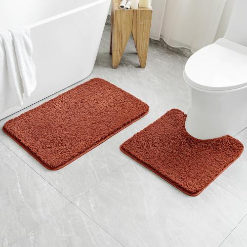 MIULEE Rust Bathroom Rugs Set 2 Piece, Soft Absorbent Microfiber Bath Mat and U-Shaped Contour Toilet Rug, Non Slip Quick Dry Washable Plush Shaggy Bath Rugs for Bathroom，20x30 20x24