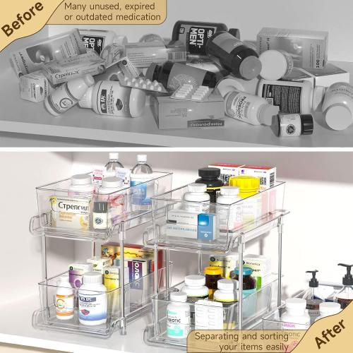 HIHEGD 2 Tier Bathroom Storage With Dividers, Clear Under Sink Pull Out Organizer for Kitchen Pantry, Medicine Cabinet