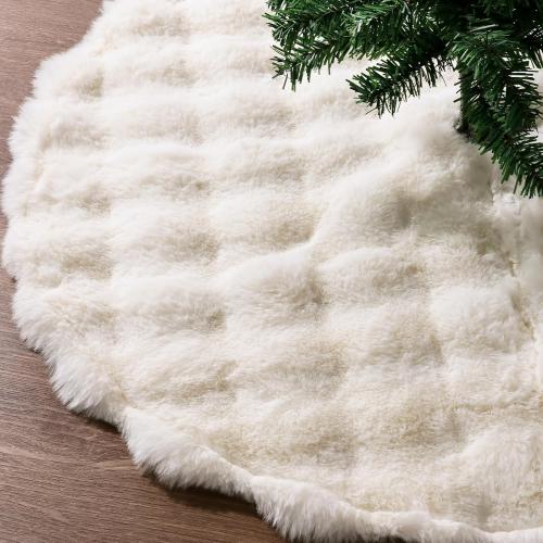 Christmas Tree Skirt 34 Inch Small, Farmhouse Faux Fur Tree Skirt for Christmas Decorations, Rustic Soft and Thin Plush Plain Xmas Tree Cover Mat Fluffy for Holiday Decoration, Ivory White