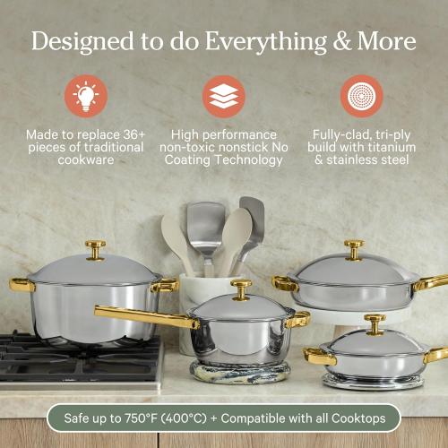 Our Place Titanium Pro Cookware Set | Pots and Pans Set with Always Pan Pro, Perfect Pot Pro & Minis | Non-Toxic No-Coating Nonstick | Induction & Oven-Safe up to 750°F | Gold