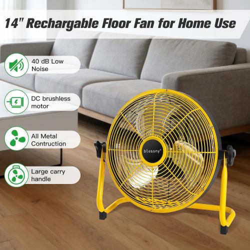 blessny 14'' Portable Rechargeable Floor Fan for Home Patio Camping | Max 60 Hours Long Running Time for Gym RV Greenhouse Cooling or Air Circulation