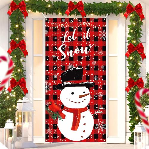 Plaid Christmas Door Cover Snowman Door Banner Decorations Red Black Buffalo Plaid Let It Snow Snowman Cardinal Door Cover Backdrop Sign for Christmas Winter Holiday Indoor Outdoor Party Supplies