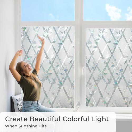 Decorative Static Cling Window Film Rainbow Window Clings Privacy Non-Adhesive Bamboo Glass Film for Living Room Bedroom Kitchen Lobby Porch Office Anti-UV 35.6 x 78.7 inches
