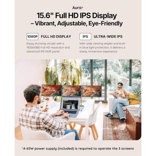 Triple Aero 15.6” Pro Max | Premium Triple Portable Monitor Extender | Full Aluminum | Quad Screens | 3×15.6” FHD 1080P HDR IPS | USB-C & HDMI | Compatible with 11-18” Laptops