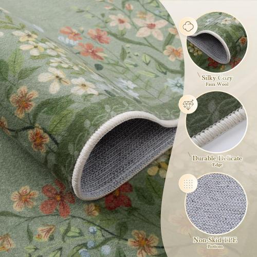 Wonnitar Washable 8x10 Living Room Area Rug, Large Green Floral Rugs for Bedroom, Non-Slip Soft Botanical Area Rug Throw Carpet for Dining Guest Room Playroom (Green,8'x10')