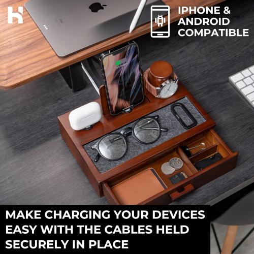 Color brown Holme & Hadfield Premium Wooden Phone Docking Station with Drawer – Nightstand Organizer for Charging Phone & Earbuds – Declutter Your Space with Felt-Lined Protection & Watch Pillar - Gift For Men