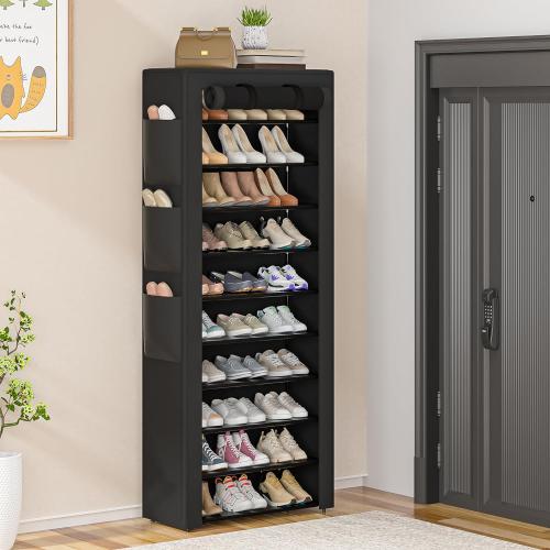 OYREL Large Shoe Rack, Black, 6 Side Pockets, 23.6 Wide x 11.4 Deep x 68.9 Tall, 36-41 Pairs of Shoes
