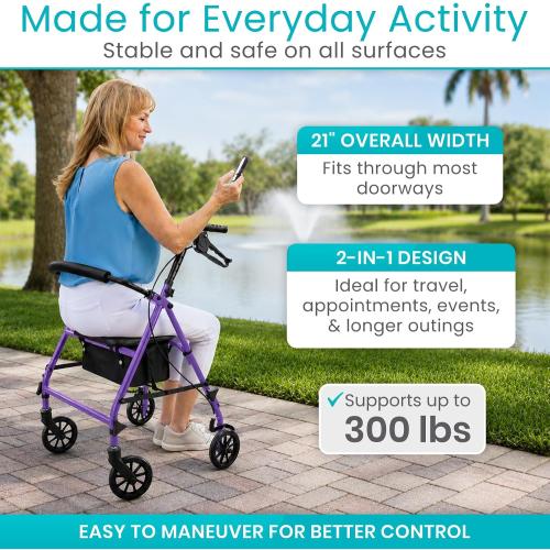 Vive Mobility Steel Rollator Walker with Seat - Foldable, Narrow, Rolling